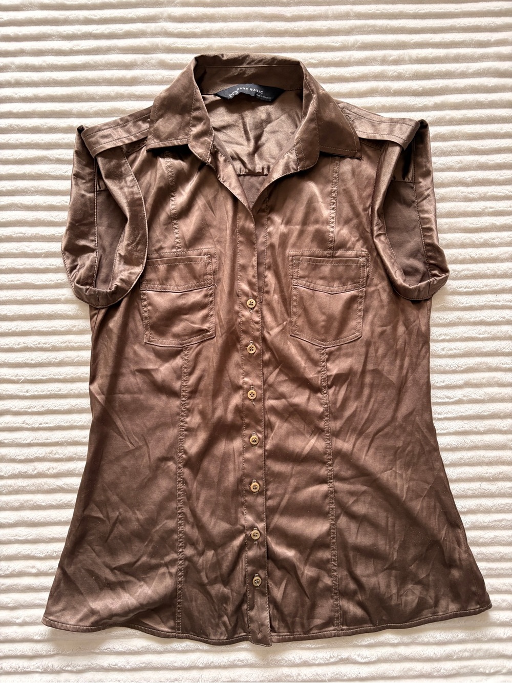 Zara Basic Medium - Brown Satin Collar Button Shirt Short Sleeve